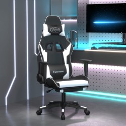 vidaXL Silla gaming masaje y reposapiés cuero sintético negro blanco