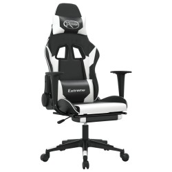 vidaXL Silla gaming masaje y reposapiés cuero sintético negro blanco