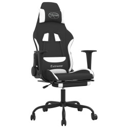 vidaXL Silla gaming de masaje con reposapiés tela negro y blanco