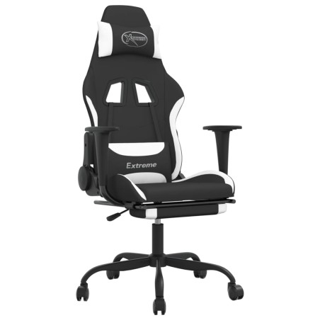 vidaXL Silla gaming de masaje con reposapiés tela negro y blanco