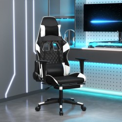 vidaXL Silla gaming masaje y reposapiés cuero sintético negro blanco