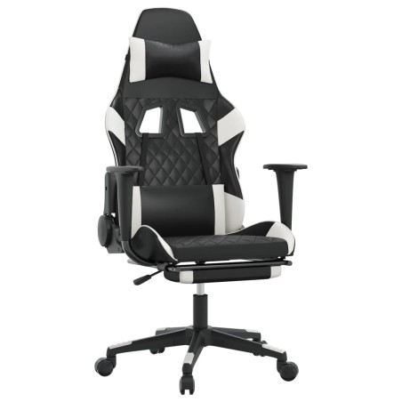 vidaXL Silla gaming masaje y reposapiés cuero sintético negro blanco