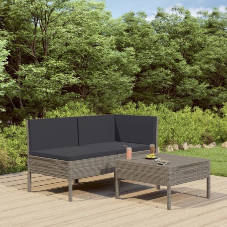 vidaXL Set de muebles de jardín 3 pzas y cojines ratán sintético gris