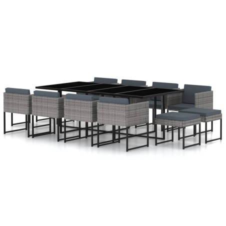 vidaXL Set de comedor para jardín 13 pzas cojines ratán sintético gris