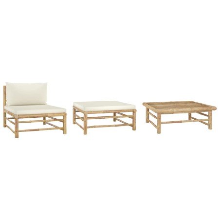 vidaXL Set de muebles de jardín 3 piezas bambú y cojines blanco crema