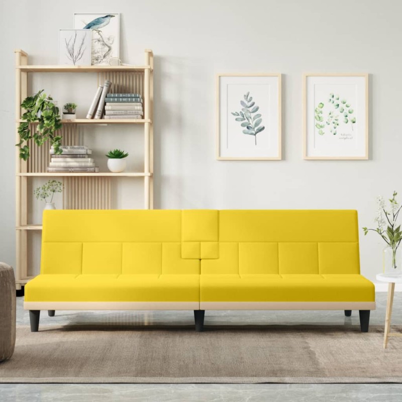 vidaXL Sofá cama con portavasos tela amarillo claro vidaXL Sofá cama con portavasos tela amarillo claro