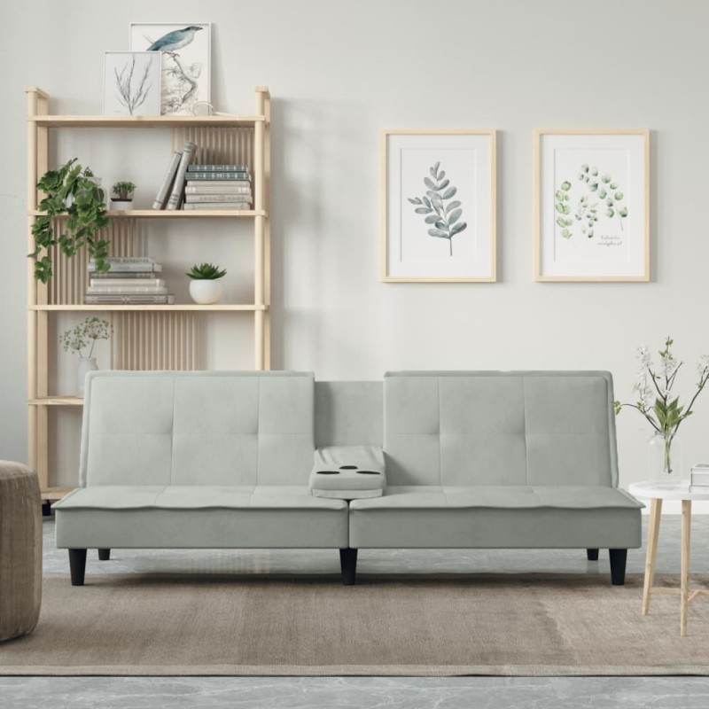 vidaXL Sofá cama con portavasos terciopelo gris claro vidaXL Sofá cama con portavasos terciopelo gris claro