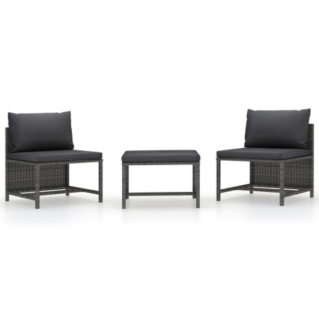 vidaXL Set de sofás de jardín 3 piezas y cojines ratán sintético gris