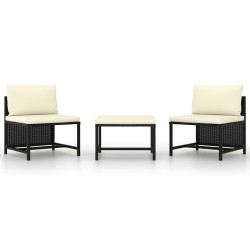 vidaXL Set de sofás de jardín 3 piezas y cojines ratán sintético negro