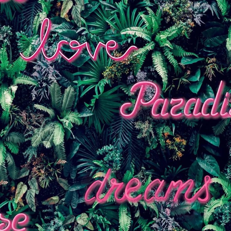 Good Vibes Papel de pared Neon Letter with Plants verde y rosa Good Vibes Papel de pared Neon Letter with Plants verde y rosa