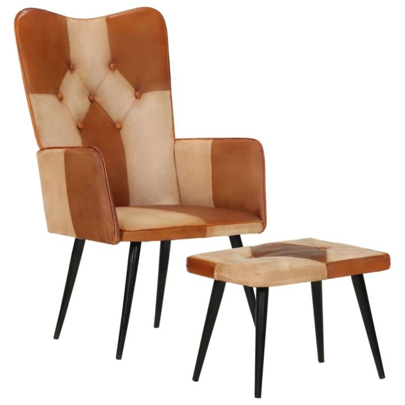 vidaXL Sillón con reposapiés cuero auténtico y lona marrón vidaXL Sillón con reposapiés cuero auténtico y lona marrón