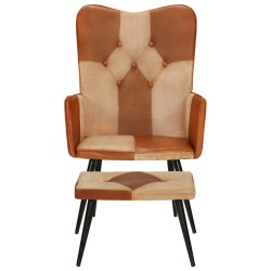 vidaXL Sillón con reposapiés cuero auténtico y lona marrón