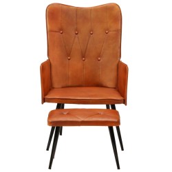 vidaXL Sillón orejero con reposapiés cuero auténtico marrón