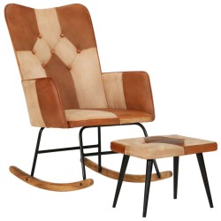 vidaXL Mecedora con taburete cuero auténtico y lona marrón