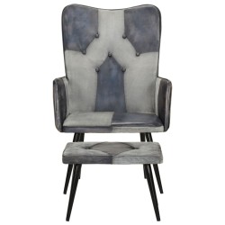 vidaXL Sillón con reposapiés lona y cuero auténtico gris