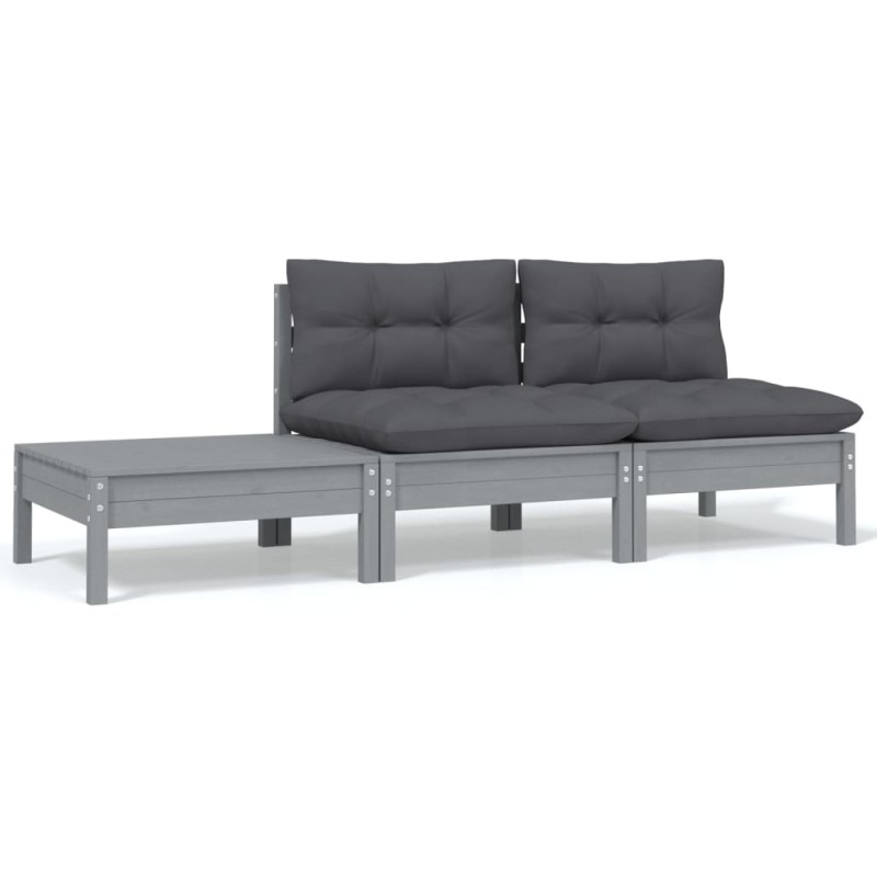 vidaXL Juego muebles de jardín 3 pzas cojines gris madera pino maciza vidaXL Juego muebles de jardín 3 pzas cojines gris madera pino maciza
