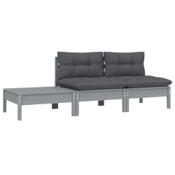 vidaXL Juego muebles de jardín 3 pzas cojines gris madera pino maciza