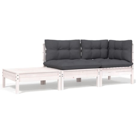 vidaXL Juego de muebles de jardín 3 pzas y cojines blanco madera pino