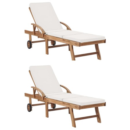 vidaXL Tumbonas con cojín 2 uds madera maciza de teca crema