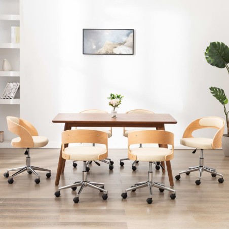 vidaXL Sillas de comedor giratorias 6 uds madera curvada cuero crema