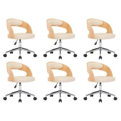 vidaXL Sillas de comedor giratorias 6 uds madera curvada cuero crema