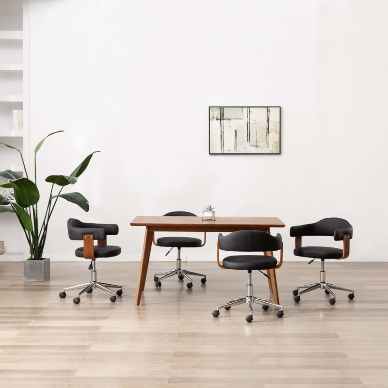 vidaXL Sillas de comedor giratorias 4 uds madera curvada y cuero negro