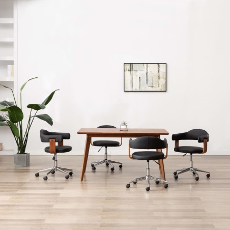 vidaXL Sillas de comedor giratorias 4 uds madera curvada y cuero negro