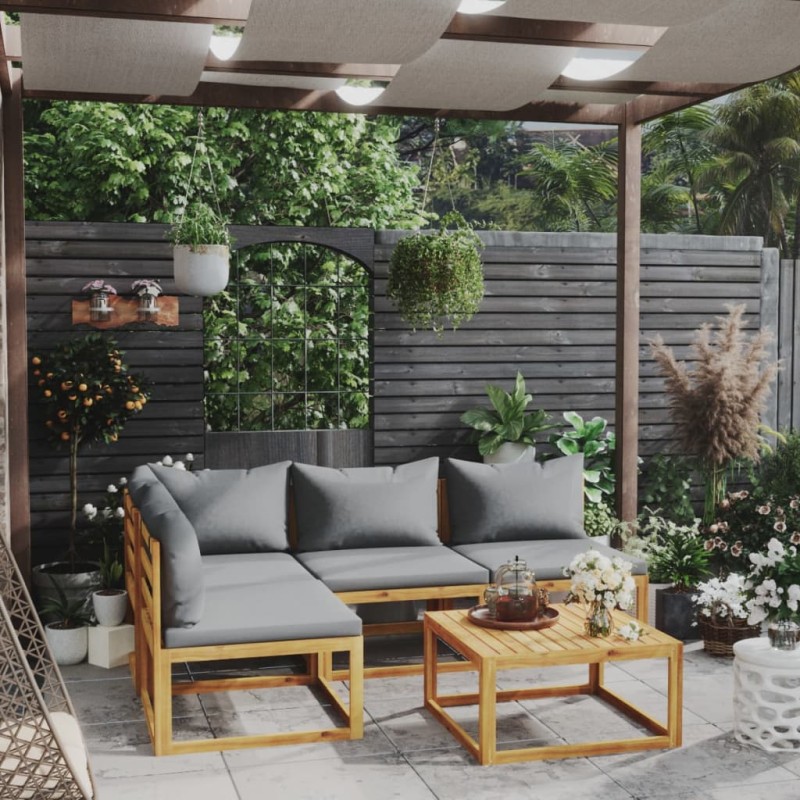vidaXL Muebles de jardín 5 pzas cojines crema madera maciza de acacia vidaXL Muebles de jardín 5 pzas cojines crema madera maciza de acacia