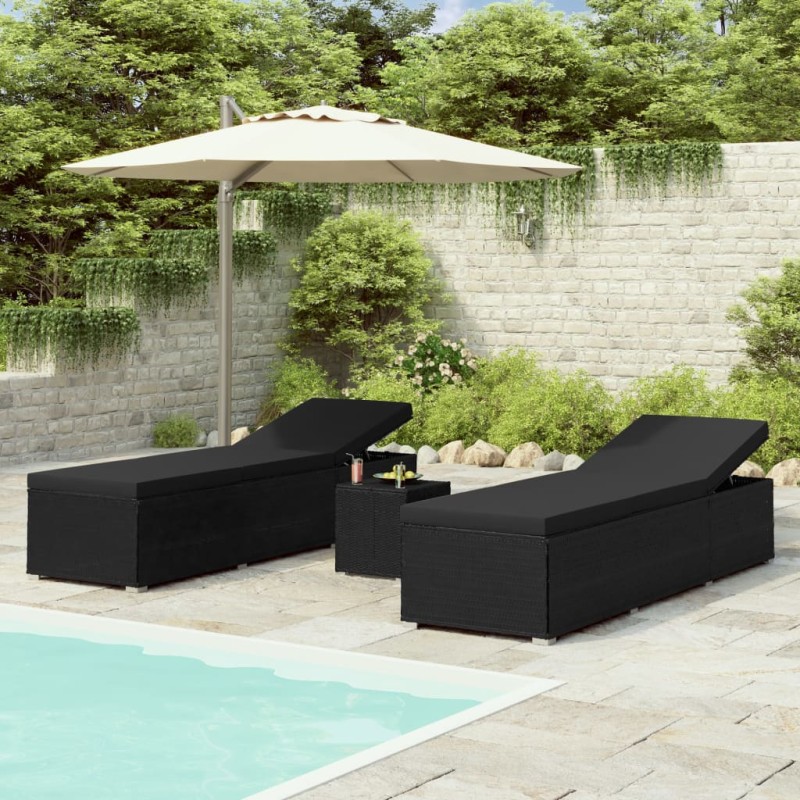 vidaXL Tumbonas de jardín y mesita 3 piezas ratán sintético negro vidaXL Tumbonas de jardín y mesita 3 piezas ratán sintético negro