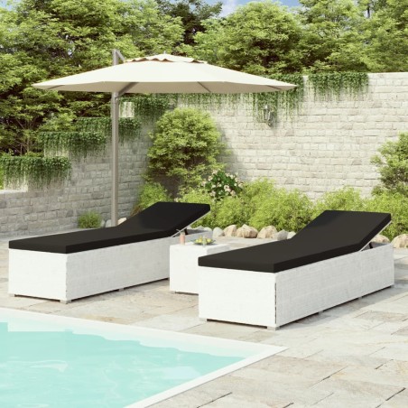 vidaXL Tumbonas de jardín y mesita 3 piezas ratán sintético blanco