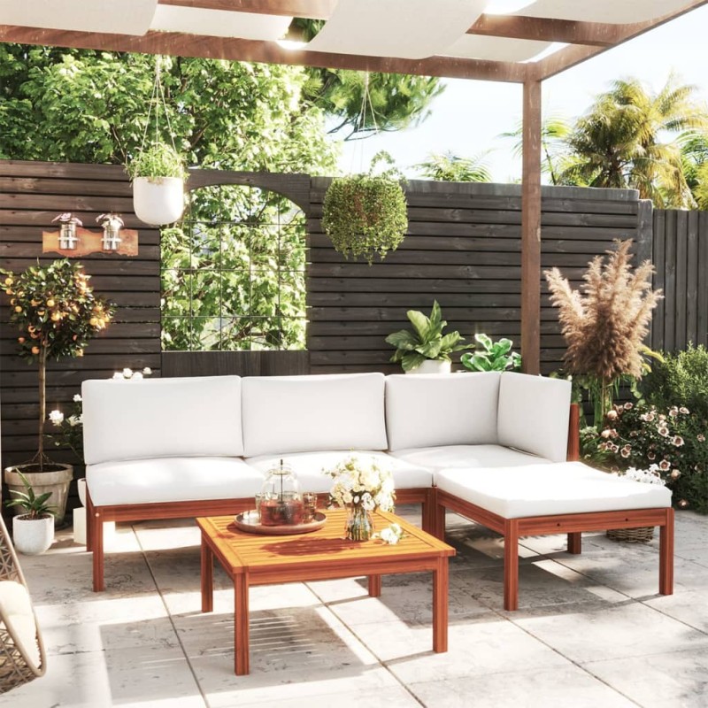 vidaXL Muebles de jardín 5 pzas cojines crema madera maciza de acacia vidaXL Muebles de jardín 5 pzas cojines crema madera maciza de acacia