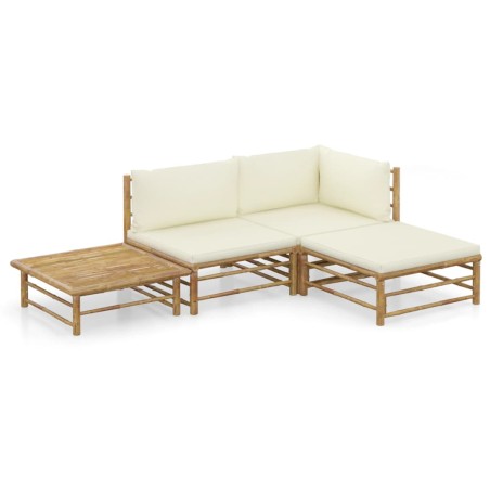 vidaXL Set de muebles de jardín 4 piezas bambú y cojines blanco crema