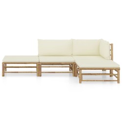 vidaXL Set de muebles de jardín 4 piezas bambú y cojines blanco crema