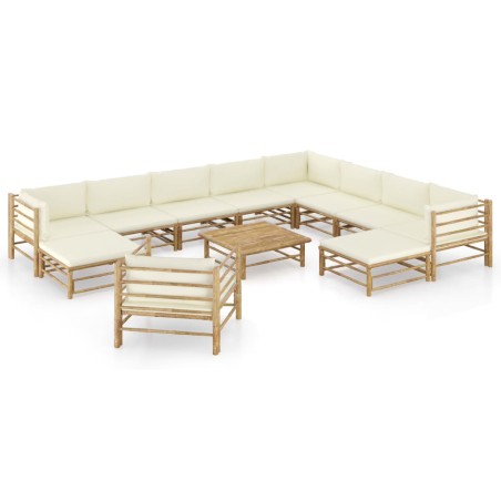 vidaXL Set de muebles de jardín 12 piezas bambú y cojines blanco crema