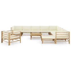 vidaXL Set de muebles de jardín 12 piezas bambú y cojines blanco crema