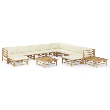 vidaXL Set de muebles de jardín 12 piezas bambú y cojines blanco crema