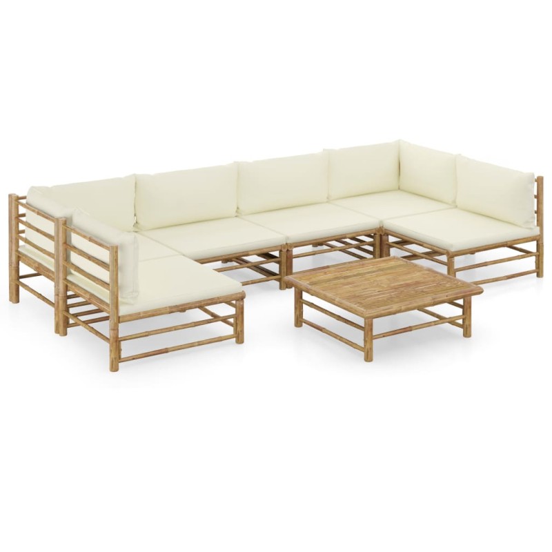 vidaXL Set de muebles de jardín 7 piezas bambú y cojines blanco crema vidaXL Set de muebles de jardín 7 piezas bambú y cojines blanco crema
