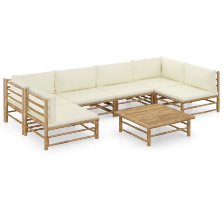 vidaXL Set de muebles de jardín 7 piezas bambú y cojines blanco crema