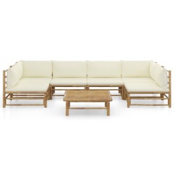vidaXL Set de muebles de jardín 7 piezas bambú y cojines blanco crema