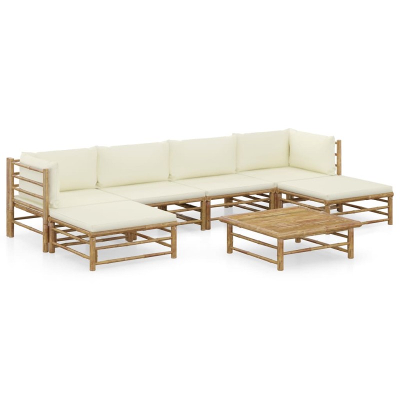 vidaXL Set de muebles de jardín 7 piezas bambú y cojines blanco crema vidaXL Set de muebles de jardín 7 piezas bambú y cojines blanco crema