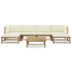 vidaXL Set de muebles de jardín 7 piezas bambú y cojines blanco crema