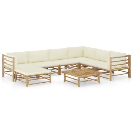 vidaXL Set de muebles de jardín 8 piezas bambú y cojines blanco crema