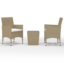 vidaXL Mesa y sillas de jardín 3 pzas ratán PE y vidrio templado beige