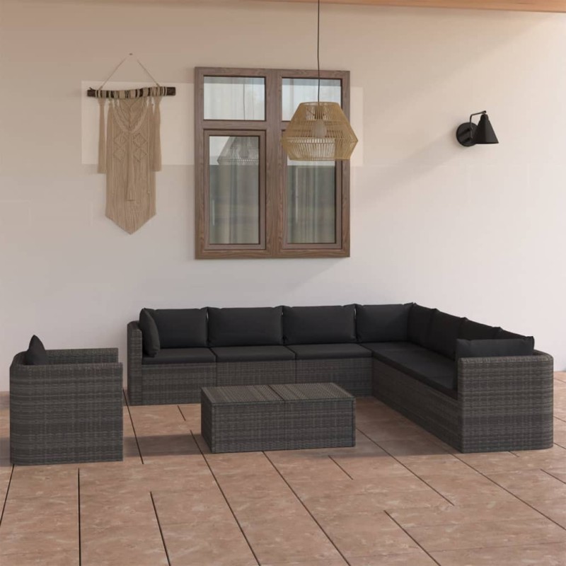 vidaXL Set de muebles de jardín 9 pzas ratán sintético y cojines gris