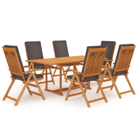 vidaXL Set de comedor para jardín 7 piezas teca maciza y cojines gris