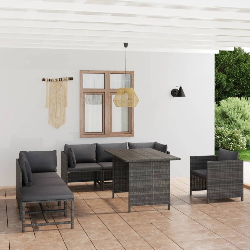 vidaXL Set de muebles de jardín 8 pzas y cojines ratán sintético gris vidaXL Set de muebles de jardín 8 pzas y cojines ratán sintético gris