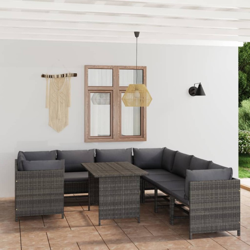 vidaXL Set de muebles de jardín 9 pzas y cojines ratán sintético gris