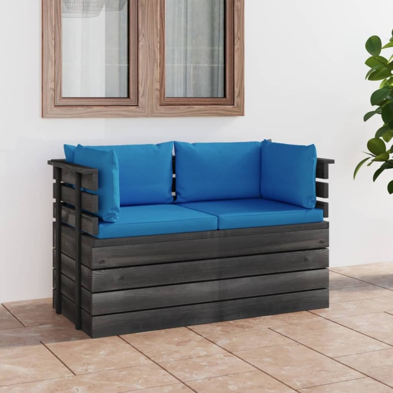 vidaXL Sofá de palets de jardín 2 plazas y cojines madera maciza pino vidaXL Sofá de palets de jardín 2 plazas y cojines madera maciza pino