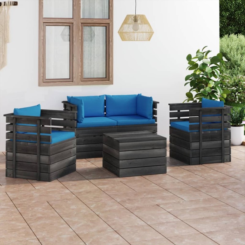 vidaXL Muebles de palés de jardín 5 piezas cojines madera maciza pino vidaXL Muebles de palés de jardín 5 piezas cojines madera maciza pino