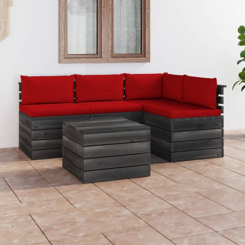 vidaXL Muebles de palés de jardín 5 piezas cojines madera maciza pino vidaXL Muebles de palés de jardín 5 piezas cojines madera maciza pino